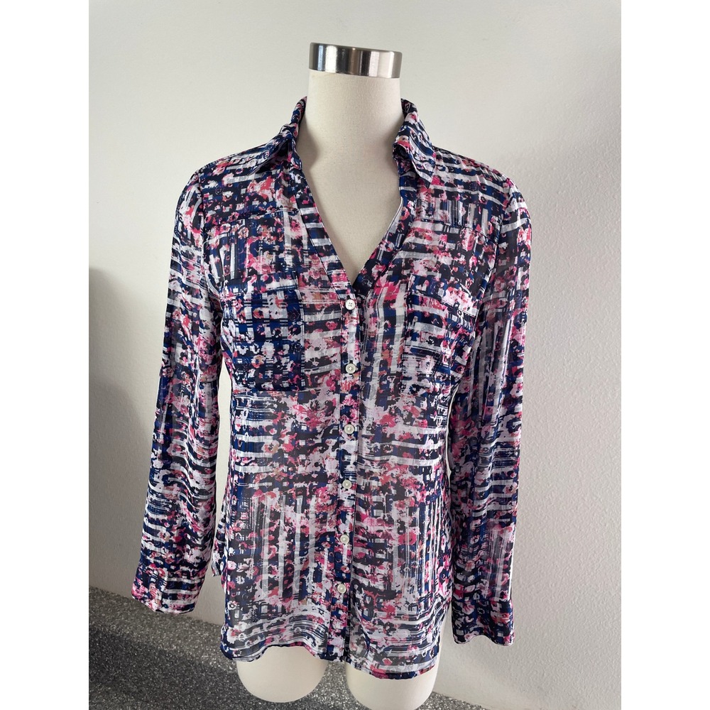 Express The Portofino Shirt Womens Small Pink Blue Abstract Geometric Blouse
